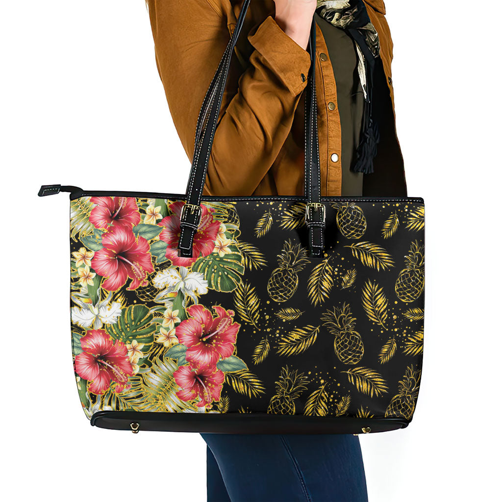 Hawaii Discoverers Day Leather Tote Bag Tropical Hibiscus Glitter Black