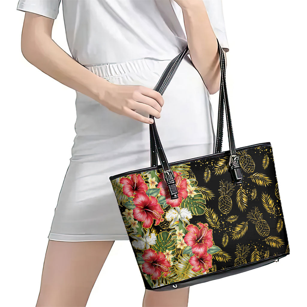 Hawaii Discoverers Day Leather Tote Bag Tropical Hibiscus Glitter Black