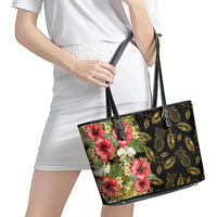 Hawaii Discoverers Day Leather Tote Bag Tropical Hibiscus Glitter Black