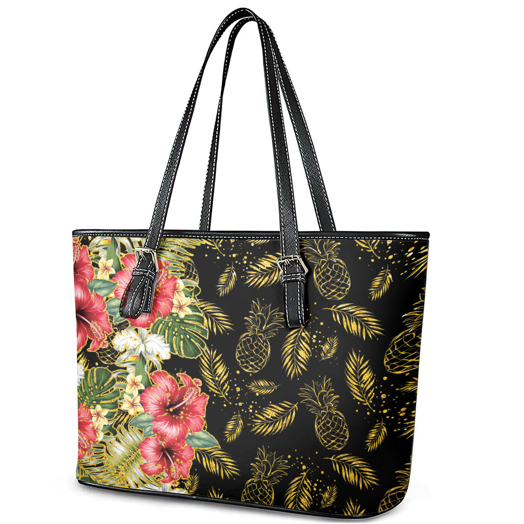 Hawaii Discoverers Day Leather Tote Bag Tropical Hibiscus Glitter Black