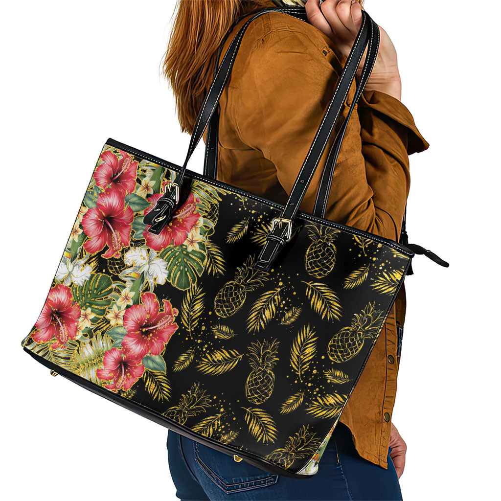 Hawaii Discoverers Day Leather Tote Bag Tropical Hibiscus Glitter Black