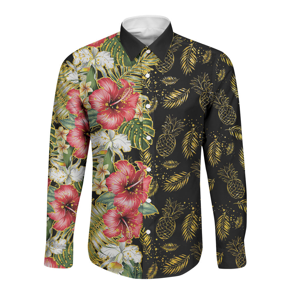 Hawaii Discoverers Day Long Sleeve Button Shirt Tropical Hibiscus Glitter Black LT05 Unisex Black - Polynesian Pride