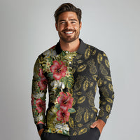 Hawaii Discoverers Day Long Sleeve Polo Shirt Tropical Hibiscus Glitter Black LT05 - Polynesian Pride