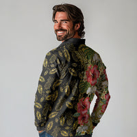 Hawaii Discoverers Day Long Sleeve Polo Shirt Tropical Hibiscus Glitter Black LT05 - Polynesian Pride