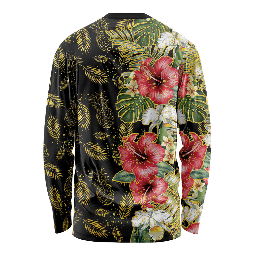 Hawaii Discoverers Day Long Sleeve Shirt Tropical Hibiscus Glitter Black LT05 - Polynesian Pride