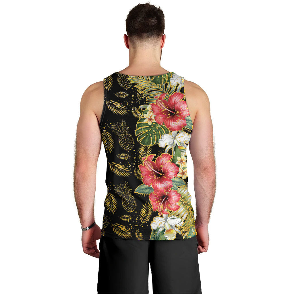 Hawaii Discoverers Day Men Tank Top Tropical Hibiscus Glitter Black LT05 - Polynesian Pride