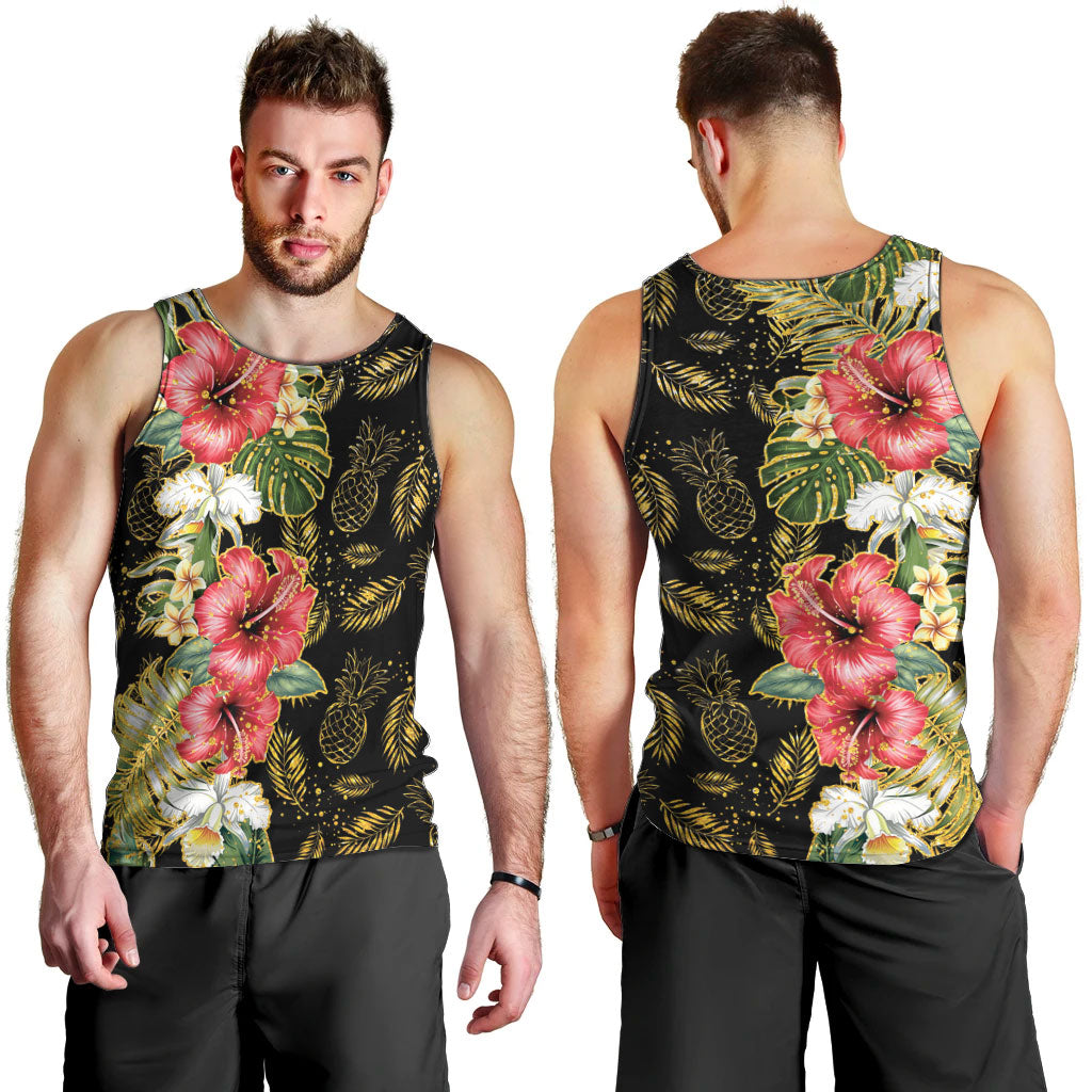 Hawaii Discoverers Day Men Tank Top Tropical Hibiscus Glitter Black LT05 - Polynesian Pride