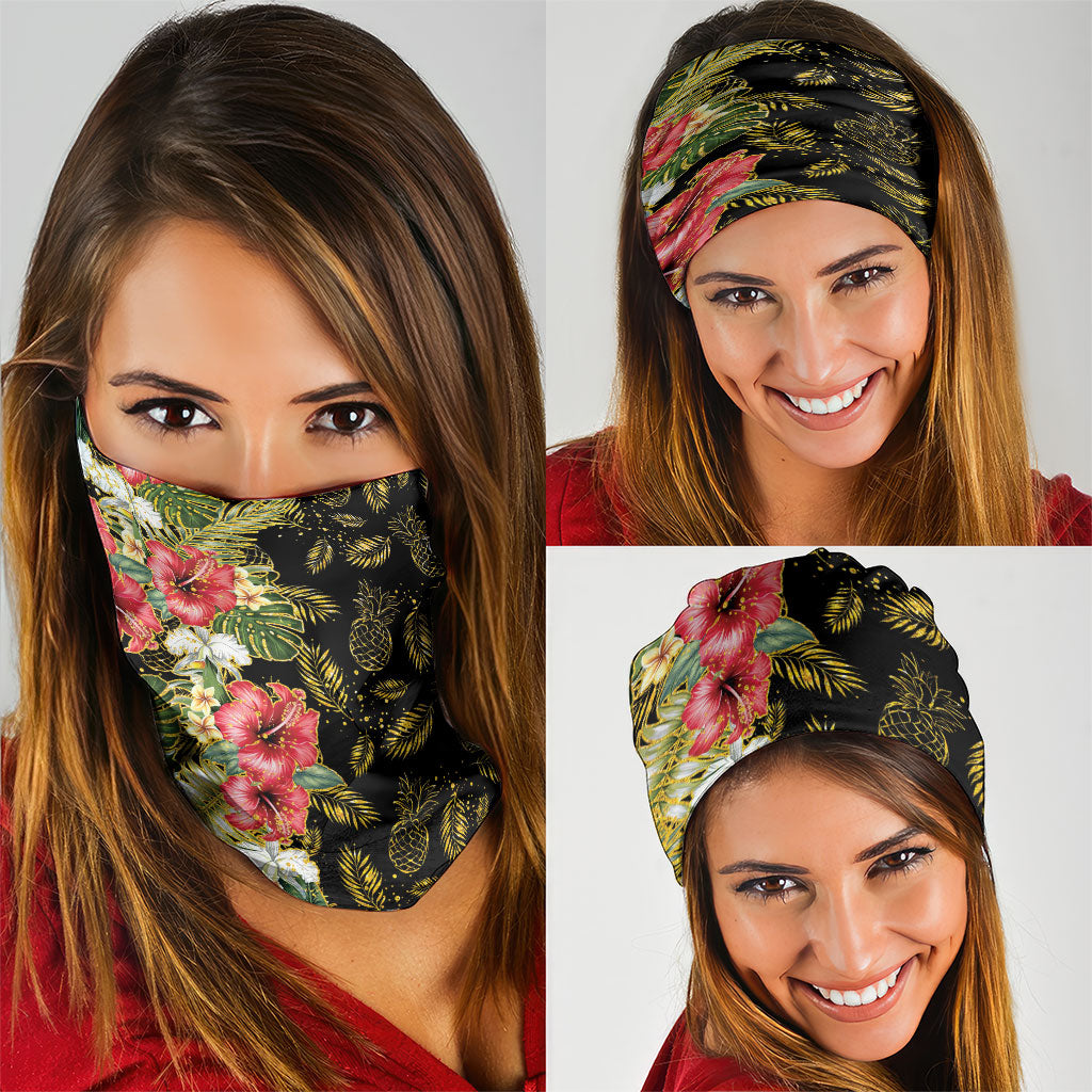 Hawaii Discoverers Day Neck Gaiter Tropical Hibiscus Glitter Black LT05 - Polynesian Pride
