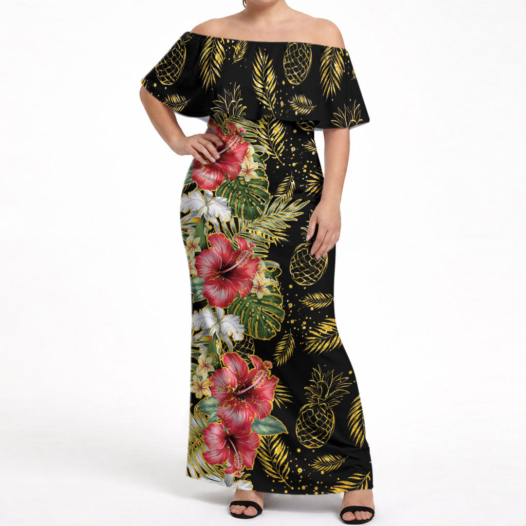 Hawaii Discoverers Day Off Shoulder Maxi Dress Tropical Hibiscus Glitter Black LT05 Women Black - Polynesian Pride