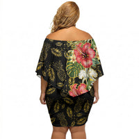 Hawaii Discoverers Day Off Shoulder Short Dress Tropical Hibiscus Glitter Black LT05 - Polynesian Pride