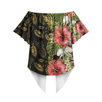Hawaii Discoverers Day Off Shoulder Wrap Waist Top Tropical Hibiscus Glitter Black LT05 - Polynesian Pride