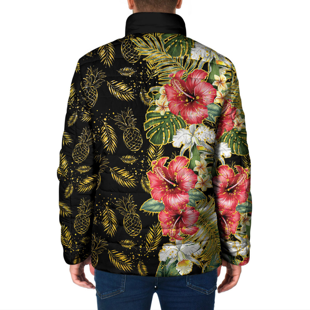 Hawaii Discoverers Day Padded Jacket Tropical Hibiscus Glitter Black LT05 - Polynesian Pride