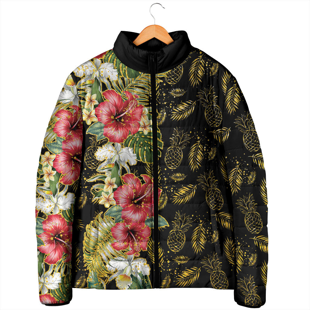 Hawaii Discoverers Day Padded Jacket Tropical Hibiscus Glitter Black LT05 - Polynesian Pride