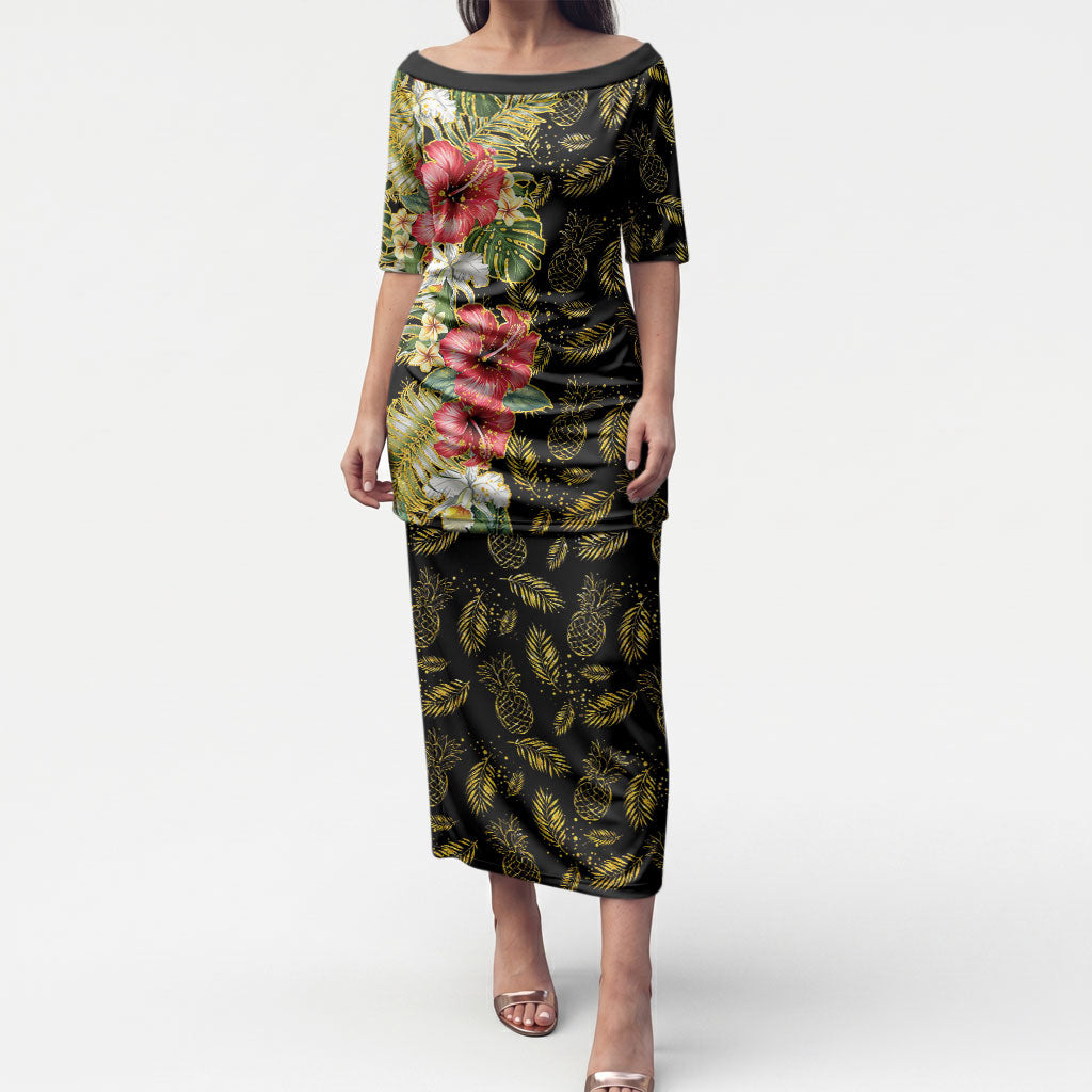 Hawaii Discoverers Day Puletasi Tropical Hibiscus Glitter Black LT05 Long Dress Black - Polynesian Pride