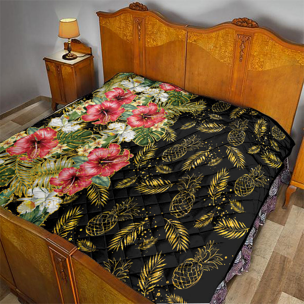 Hawaii Discoverers Day Quilt Tropical Hibiscus Glitter Black