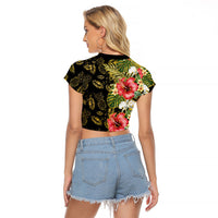 Hawaii Discoverers Day Raglan Cropped T Shirt Tropical Hibiscus Glitter Black LT05 - Polynesian Pride