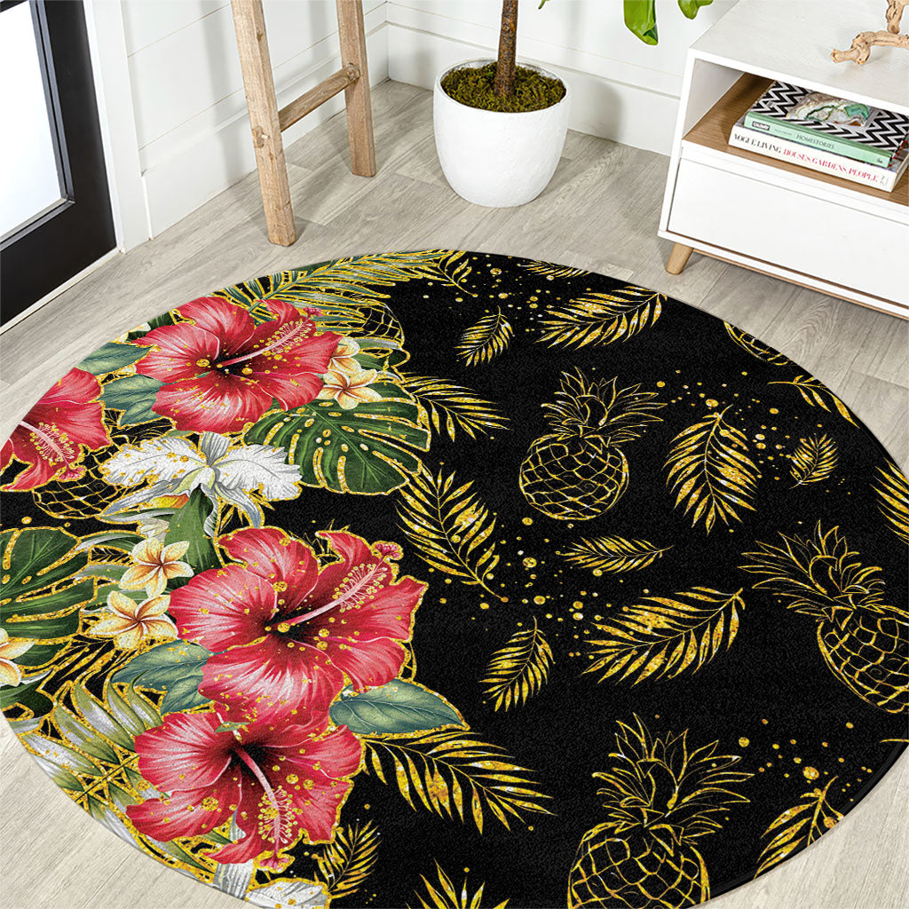 Hawaii Discoverers Day Round Carpet Tropical Hibiscus Glitter Black LT05 Black - Polynesian Pride