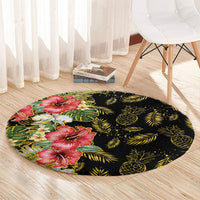 Hawaii Discoverers Day Round Carpet Tropical Hibiscus Glitter Black LT05 - Polynesian Pride