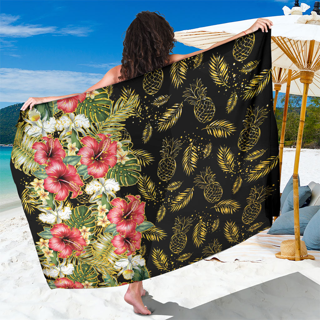 Hawaii Discoverers Day Sarong Tropical Hibiscus Glitter Black LT05 One Size 44 x 66 inches Black - Polynesian Pride