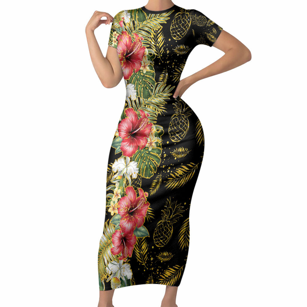 Hawaii Discoverers Day Short Sleeve Bodycon Dress Tropical Hibiscus Glitter Black LT05 Long Dress Black - Polynesian Pride