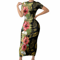 Hawaii Discoverers Day Short Sleeve Bodycon Dress Tropical Hibiscus Glitter Black LT05 Long Dress Black - Polynesian Pride