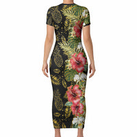 Hawaii Discoverers Day Short Sleeve Bodycon Dress Tropical Hibiscus Glitter Black LT05 - Polynesian Pride