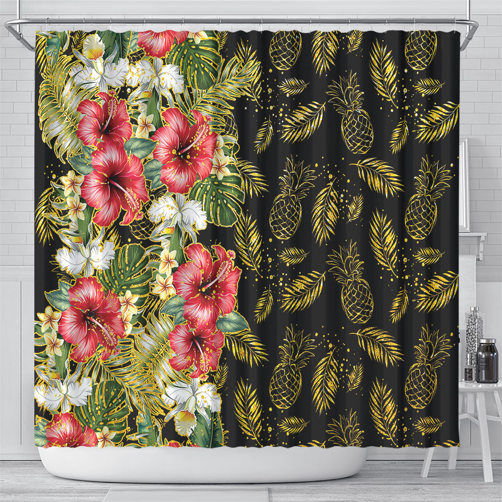 Hawaii Discoverers Day Shower Curtain Tropical Hibiscus Glitter Black LT05 - Polynesian Pride