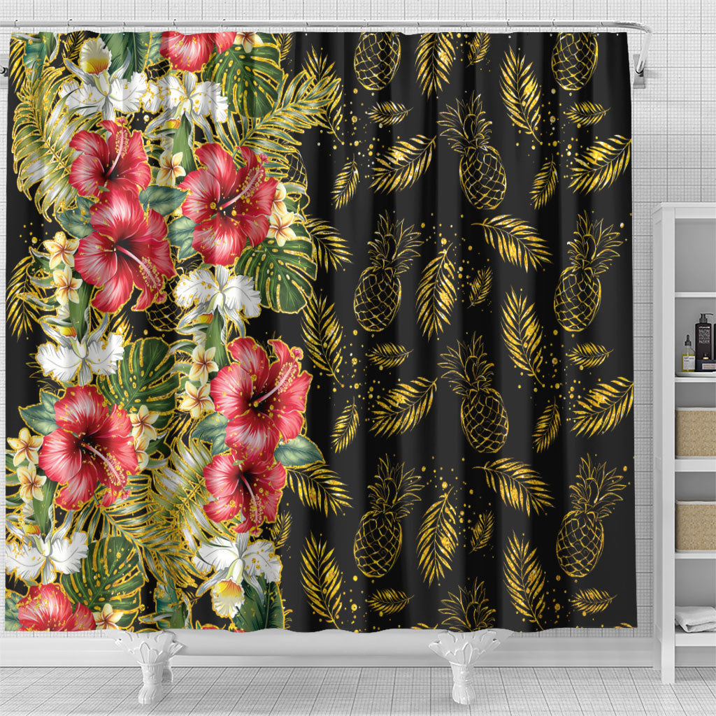 Hawaii Discoverers Day Shower Curtain Tropical Hibiscus Glitter Black LT05 - Polynesian Pride