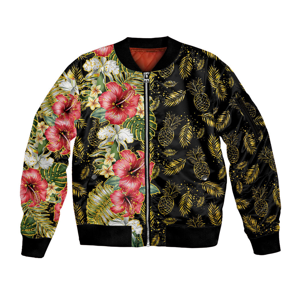 Hawaii Discoverers Day Sleeve Zip Bomber Jacket Tropical Hibiscus Glitter Black
