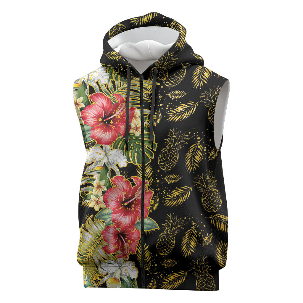Hawaii Discoverers Day Sleeveless Zip Hoodie Tropical Hibiscus Glitter Black LT05 Black - Polynesian Pride