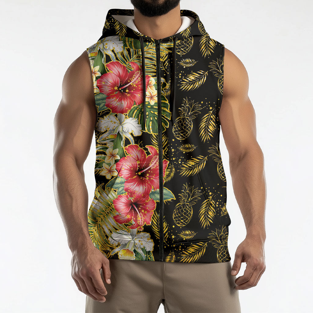 Hawaii Discoverers Day Sleeveless Zip Hoodie Tropical Hibiscus Glitter Black LT05 - Polynesian Pride