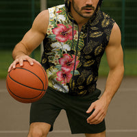 Hawaii Discoverers Day Sleeveless Zip Hoodie Tropical Hibiscus Glitter Black LT05 - Polynesian Pride