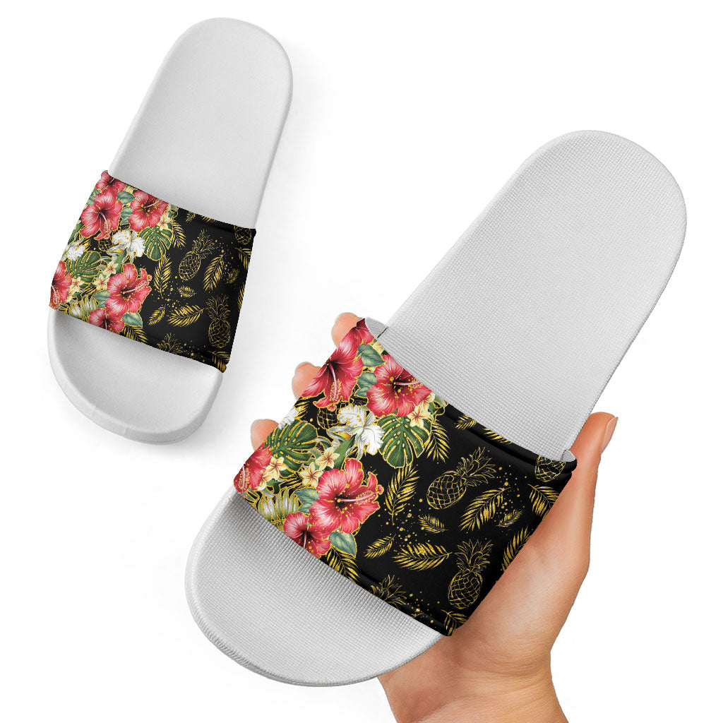Hawaii Discoverers Day Slide Sandals Tropical Hibiscus Glitter Black LT05 - Polynesian Pride