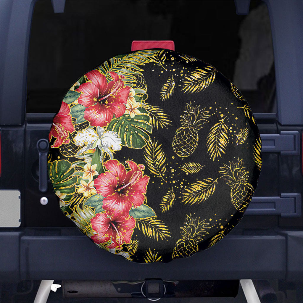 Hawaii Discoverers Day Spare Tire Cover Tropical Hibiscus Glitter Black LT05 No hole Black - Polynesian Pride