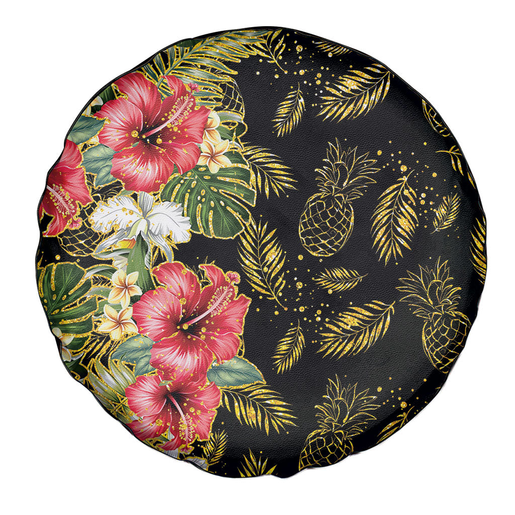 Hawaii Discoverers Day Spare Tire Cover Tropical Hibiscus Glitter Black LT05 - Polynesian Pride