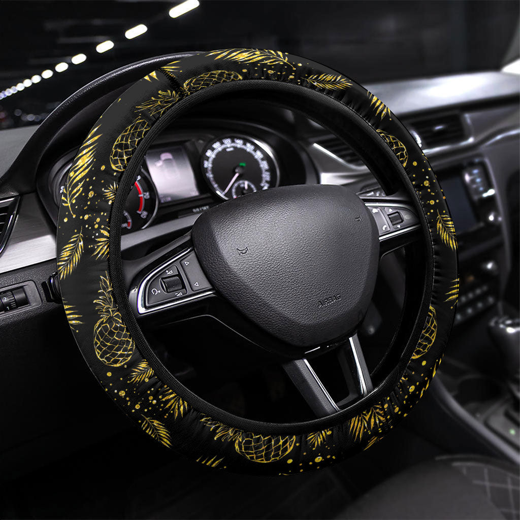 Hawaii Discoverers Day Steering Wheel Cover Tropical Hibiscus Glitter Black
