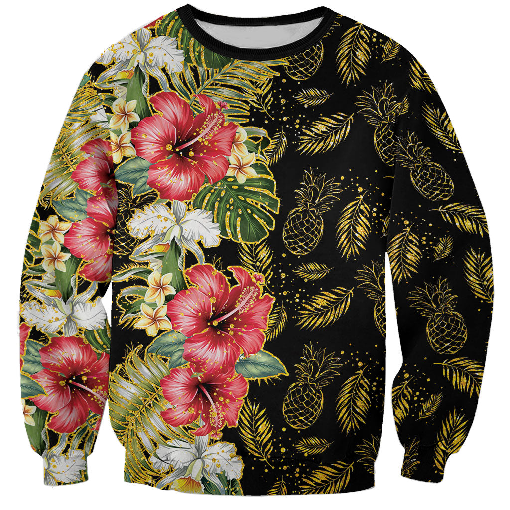 Hawaii Discoverers Day Sweatshirt Tropical Hibiscus Glitter Black LT05 Unisex Black - Polynesian Pride