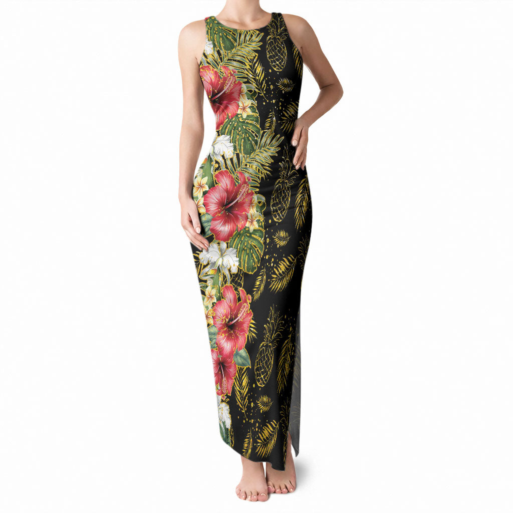 Hawaii Discoverers Day Tank Maxi Dress Tropical Hibiscus Glitter Black LT05 Women Black - Polynesian Pride