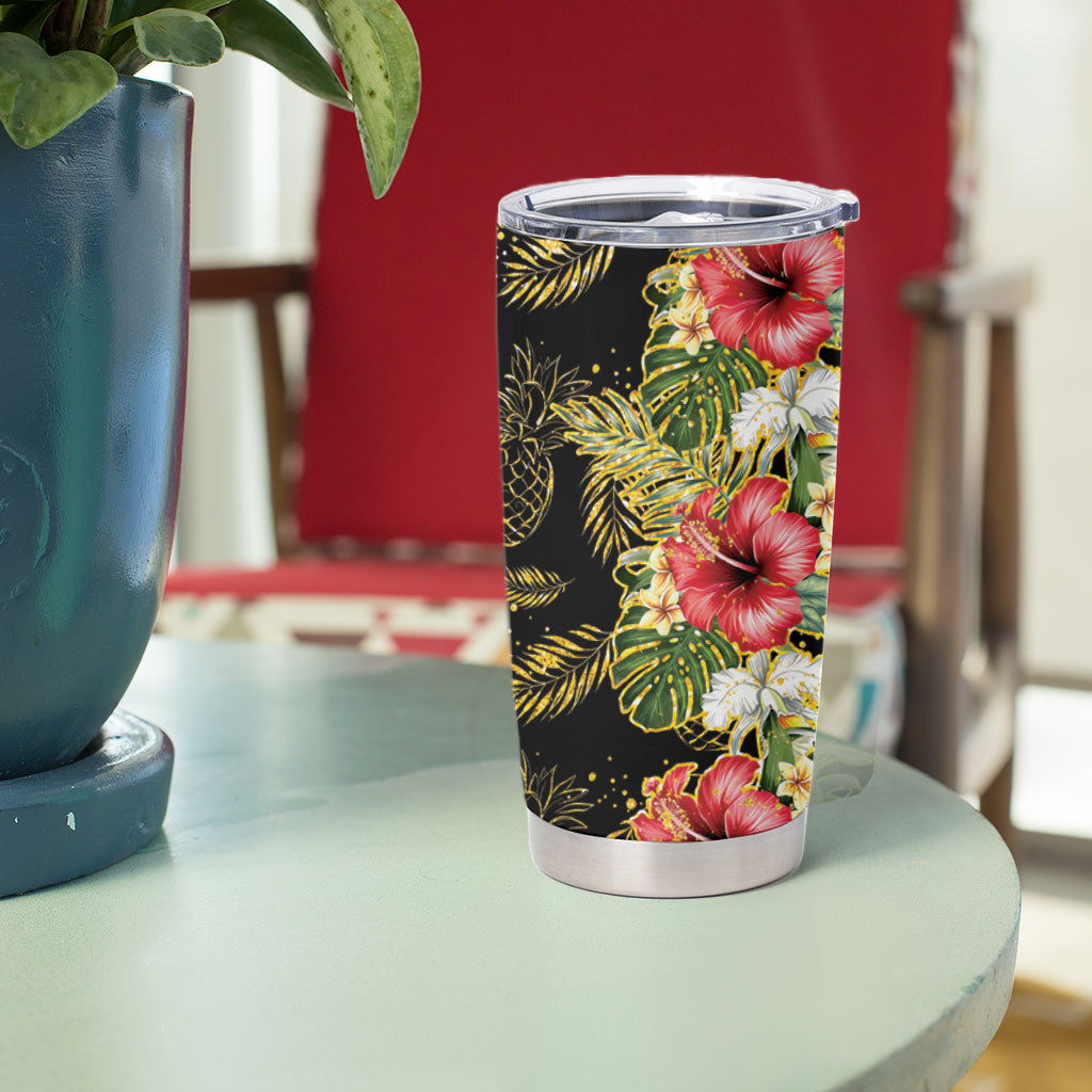 Hawaii Discoverers Day Tumbler Cup Tropical Hibiscus Glitter Black LT05 - Polynesian Pride