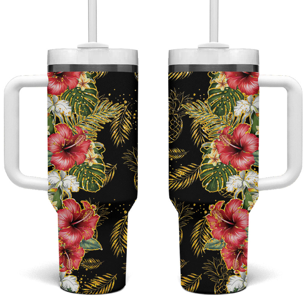 Hawaii Discoverers Day Tumbler With Handle Tropical Hibiscus Glitter Black
