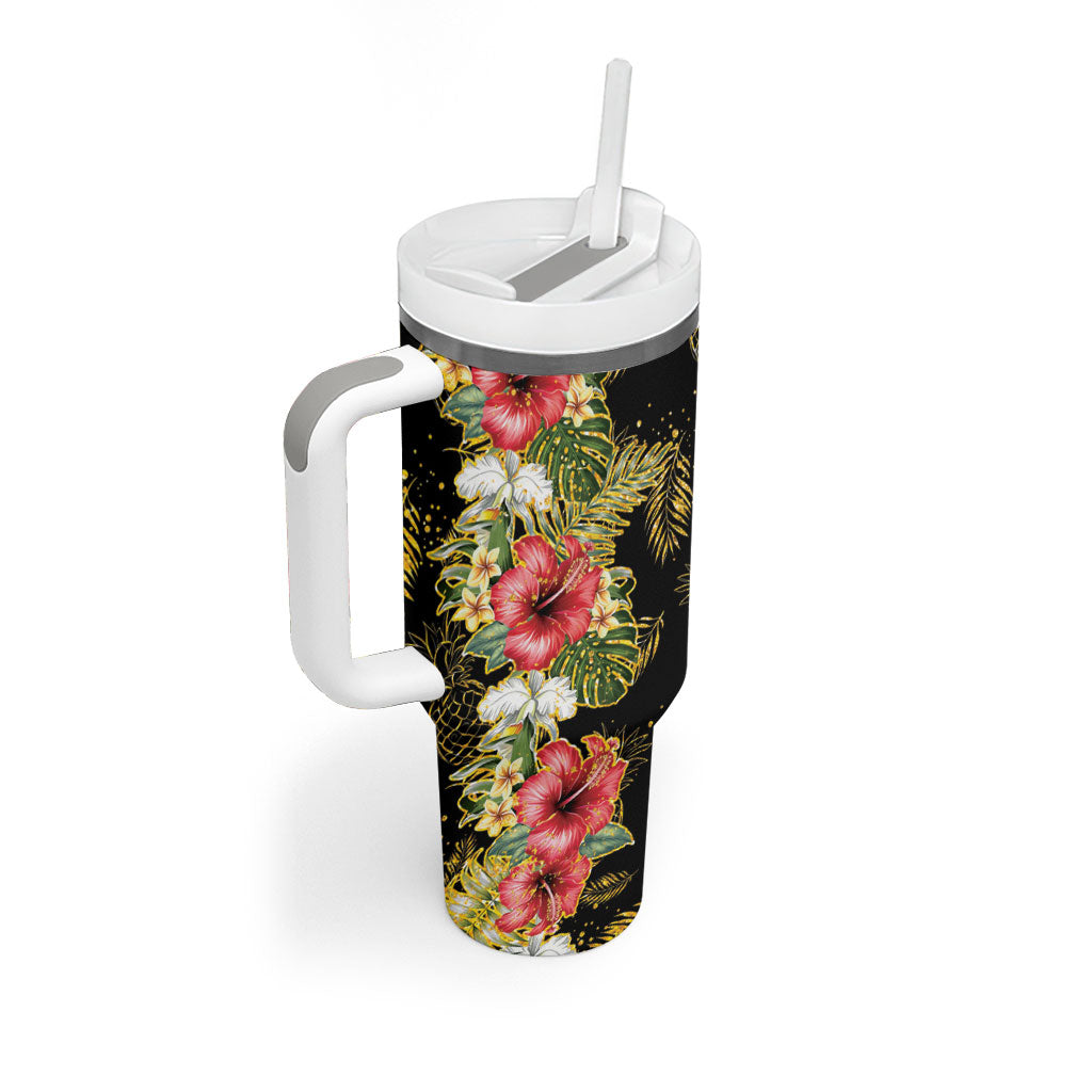 Hawaii Discoverers Day Tumbler With Handle Tropical Hibiscus Glitter Black