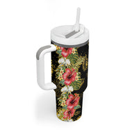 Hawaii Discoverers Day Tumbler With Handle Tropical Hibiscus Glitter Black