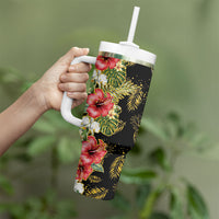 Hawaii Discoverers Day Tumbler With Handle Tropical Hibiscus Glitter Black