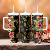 Hawaii Discoverers Day Tumbler With Handle Tropical Hibiscus Glitter Black