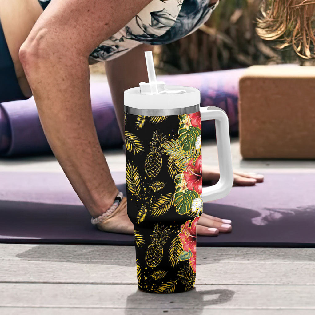 Hawaii Discoverers Day Tumbler With Handle Tropical Hibiscus Glitter Black