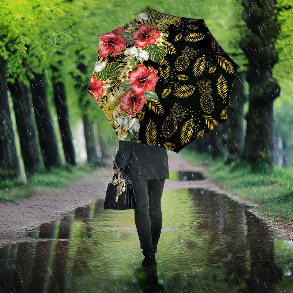 Hawaii Discoverers Day Umbrella Tropical Hibiscus Glitter Black