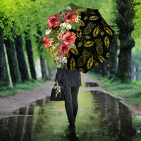 Hawaii Discoverers Day Umbrella Tropical Hibiscus Glitter Black