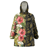 Hawaii Discoverers Day Wearable Blanket Hoodie Tropical Hibiscus Glitter Black LT05 One Size Black - Polynesian Pride