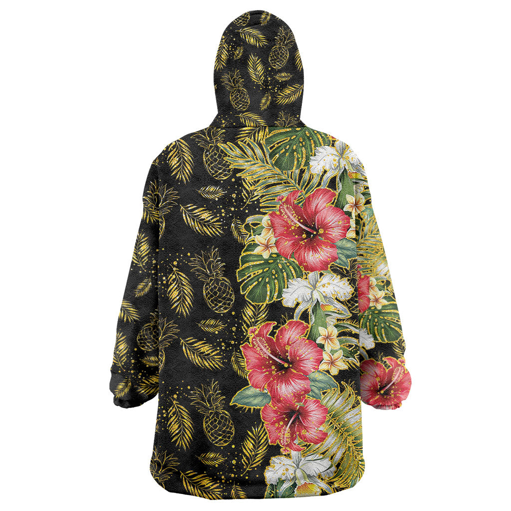 Hawaii Discoverers Day Wearable Blanket Hoodie Tropical Hibiscus Glitter Black LT05 - Polynesian Pride