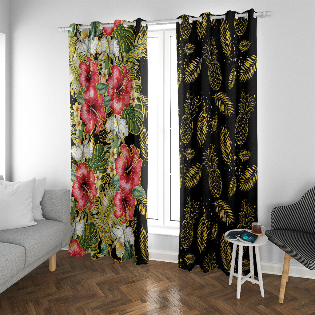 Hawaii Discoverers Day Window Curtain Tropical Hibiscus Glitter Black LT05 With Grommets Black - Polynesian Pride